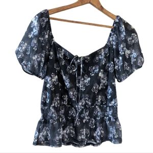 Daisy Mae Top Large Puff Sleeve Black Purple Floral Tie Neck In or Off Shoulder
